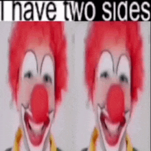 a clown with red hair and a red nose is standing next to another clown with red hair and a red nose .