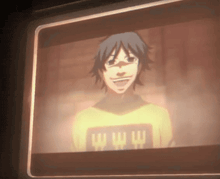 a man wearing a yellow shirt that says www