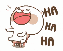 a cartoon of a bear sitting on a stool laughing and saying ha ha ha .