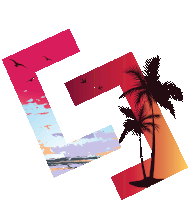 the letter l is surrounded by a palm tree and seagulls