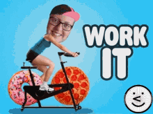 a woman is riding an exercise bike with donuts and pizza on the back