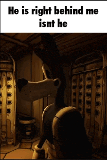bendy from bendy and the ink machine is standing in a dark room .