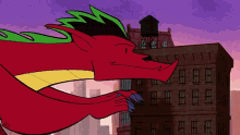 a cartoon of a red dragon flying in front of a tall building