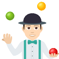 a man wearing a hat and bow tie is juggling three balls