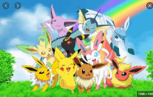 a bunch of pokemon are standing in a field with a rainbow in the background