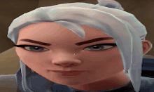 a close up of a cartoon character with white hair