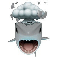 a cartoon shark with its mouth open and a cloud coming out of it