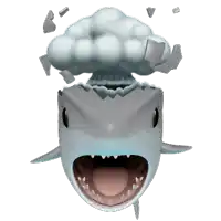 a cartoon shark with its mouth open and a cloud coming out of it