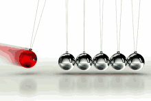 a newton 's cradle with a red ball being thrown