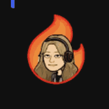 a cartoon of a woman wearing headphones with a fire behind her