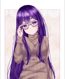 a girl with purple hair is wearing glasses and a turtleneck sweater