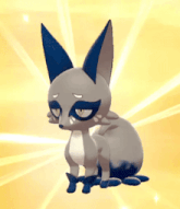 a cartoon fox with blue ears and black eyes