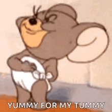 a cartoon mouse is wearing a diaper and yummy for my tummy is written on the bottom of the image .