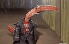 a cartoon character with a long neck is wearing a leather jacket and a red shirt that says vengeance