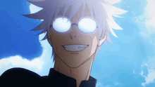 a close up of a person wearing glasses with glowing eyes
