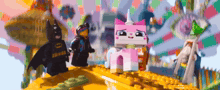 a lego batman is standing next to a lego unicorn .