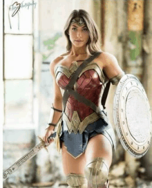 a woman in a wonder woman costume holding a sword and shield .