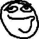 a pixel art drawing of a troll face with a smile on its face .