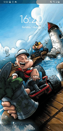 a phone screen shows a cartoon of popeye and a lighthouse