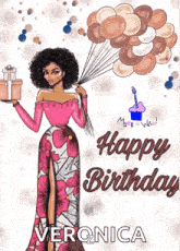 a woman in a pink dress is holding balloons and a gift .