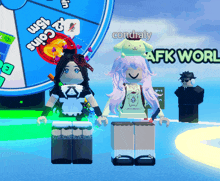 a girl with a pompompurin on her head stands next to another girl in a video game