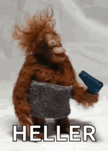 a stuffed monkey is holding a hair dryer and the word heller is above it .