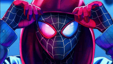 a close up of a spider man 's face with a blue background