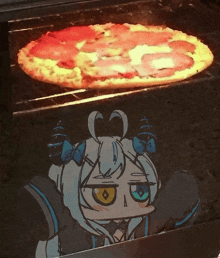 a drawing of a girl with horns looking at a pizza in an oven