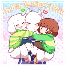 a happy mother 's day card with a goat and two children hugging each other