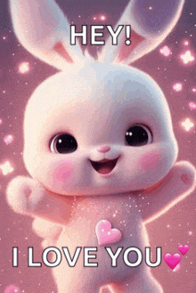 a cute bunny rabbit is holding a heart in its paws and saying `` hey ! i love you '' .