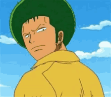 a cartoon character with a green hat and a yellow jacket is standing in front of a blue sky .