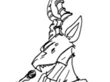 a black and white drawing of a cartoon character with horns