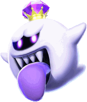 a white ghost with a purple tongue and a purple crown on top