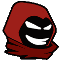 a cartoon drawing of a person wearing a red hood with a black face and a smile .