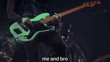 a person playing a guitar with the words me and bro written below them