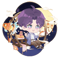 a boy with purple hair is sitting in a chair with a fish and lanterns behind him