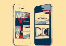 two cell phones are displaying a walk in victory ad and a sit at the fest of masters ad