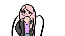 a cartoon drawing of a girl with pink hair wearing a black jacket and a purple shirt .