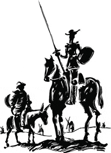 a black and white drawing of don quixote riding a horse with a sword .