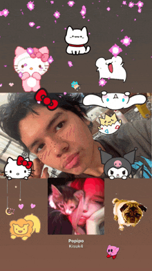 a man with hello kitty stickers on his face is surrounded by other hello kitty stickers