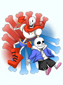 a cartoon drawing of papyrus and sans with bones behind them