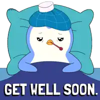 a penguin is laying in bed with an ice pack on its head and a thermometer in its mouth with the words get well soon below it