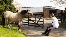 a woman is pulling a horse over a gate