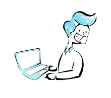 a drawing of a man with blue hair using a laptop