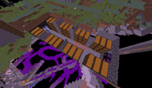 an aerial view of a minecraft world with a purple and black background