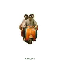a group of men are riding an orange scooter with the word kulfy on the bottom left