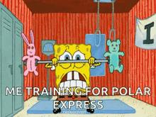 a cartoon of spongebob lifting a barbell with the words me training for polar express