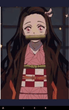 a girl with long hair and pink eyes is wearing a kimono and standing in front of a window .