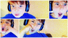 a collage of four images of a boy wearing headphones