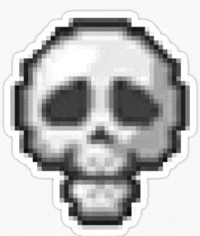 a pixel art sticker of a skull with headphones on it .